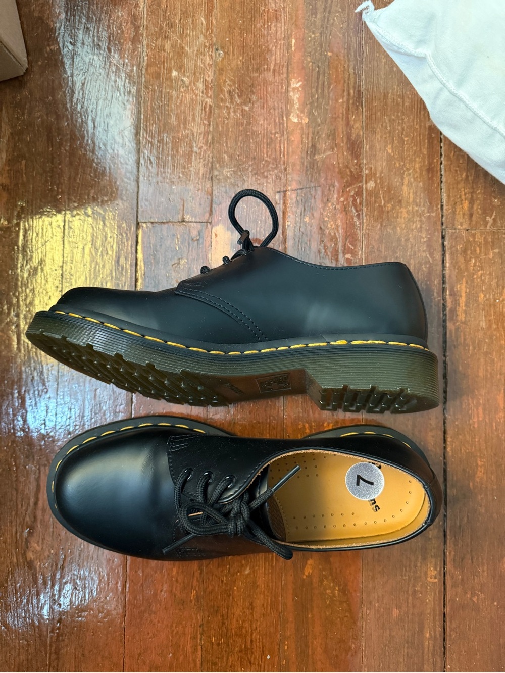 Dr. Martens Black Leather 3-Eye Oxford Shoes with Yellow Stitching